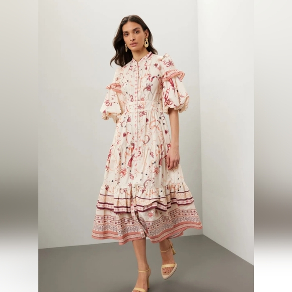 Marchesa Dresses & Skirts - Marchesa Rosa Parker Midi Dress Button Down Puff Sleeve Cream Red Sz 8